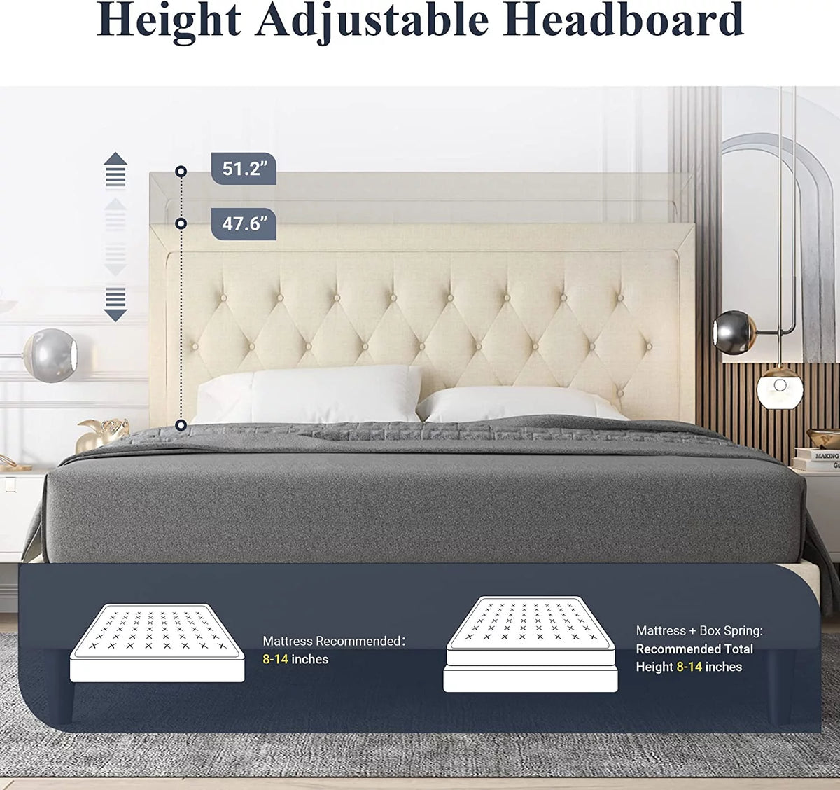 Queen Size Upholstered Platform Bed with Adjustable Headboard A77440