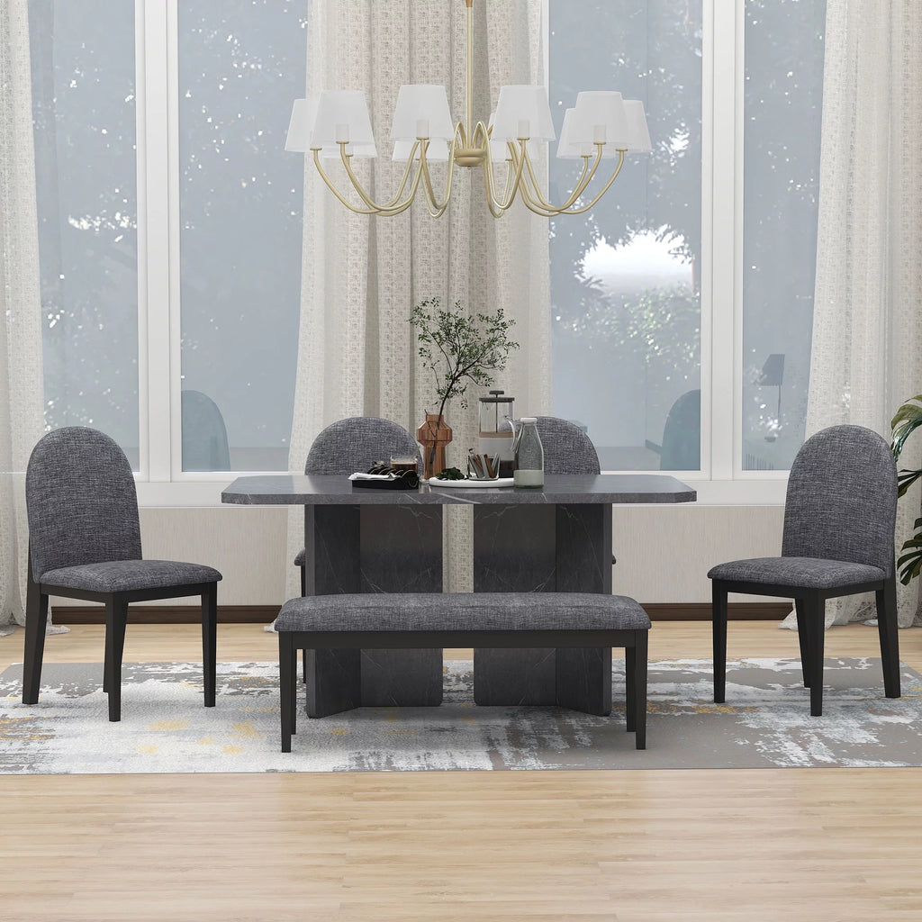 6-Piece Faux Marble Dining Set with 4 Chairs and 1 Bench W983