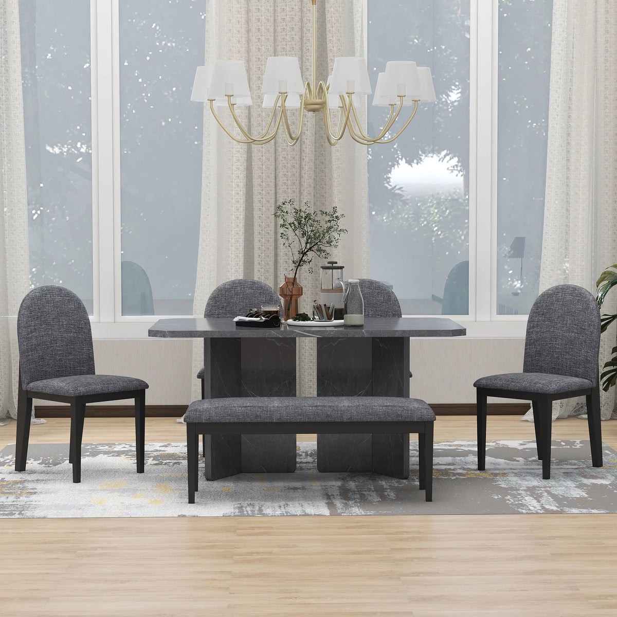 6-Piece Faux Marble Dining Set with 4 Chairs and 1 Bench W983