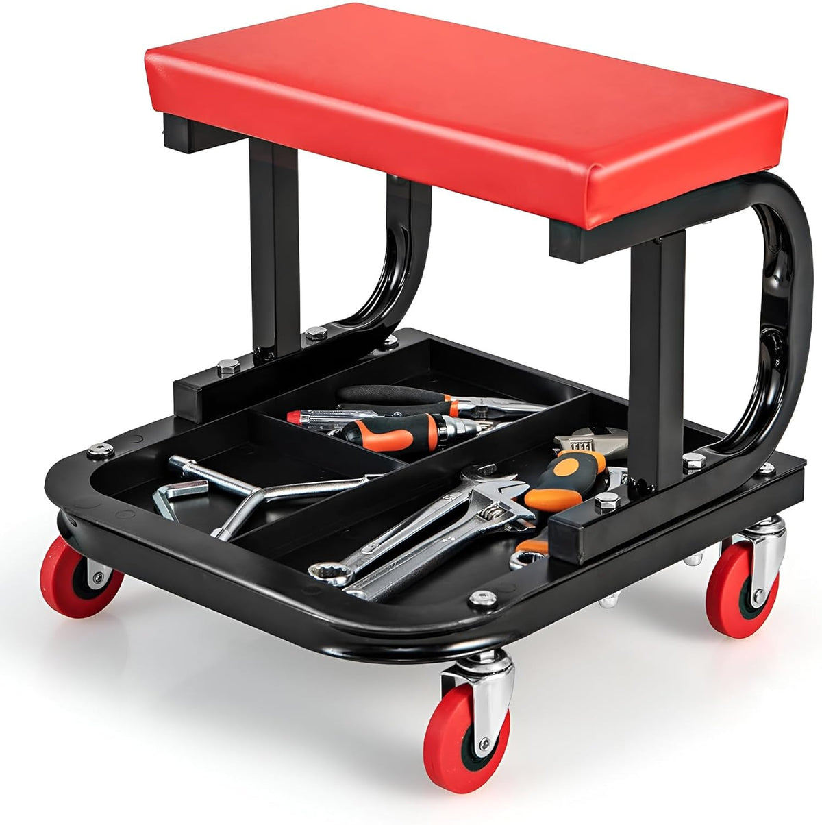 Black/Red Heavy Duty Garage Roller Seat with Tool Tray, 250 LBS Capacity V298