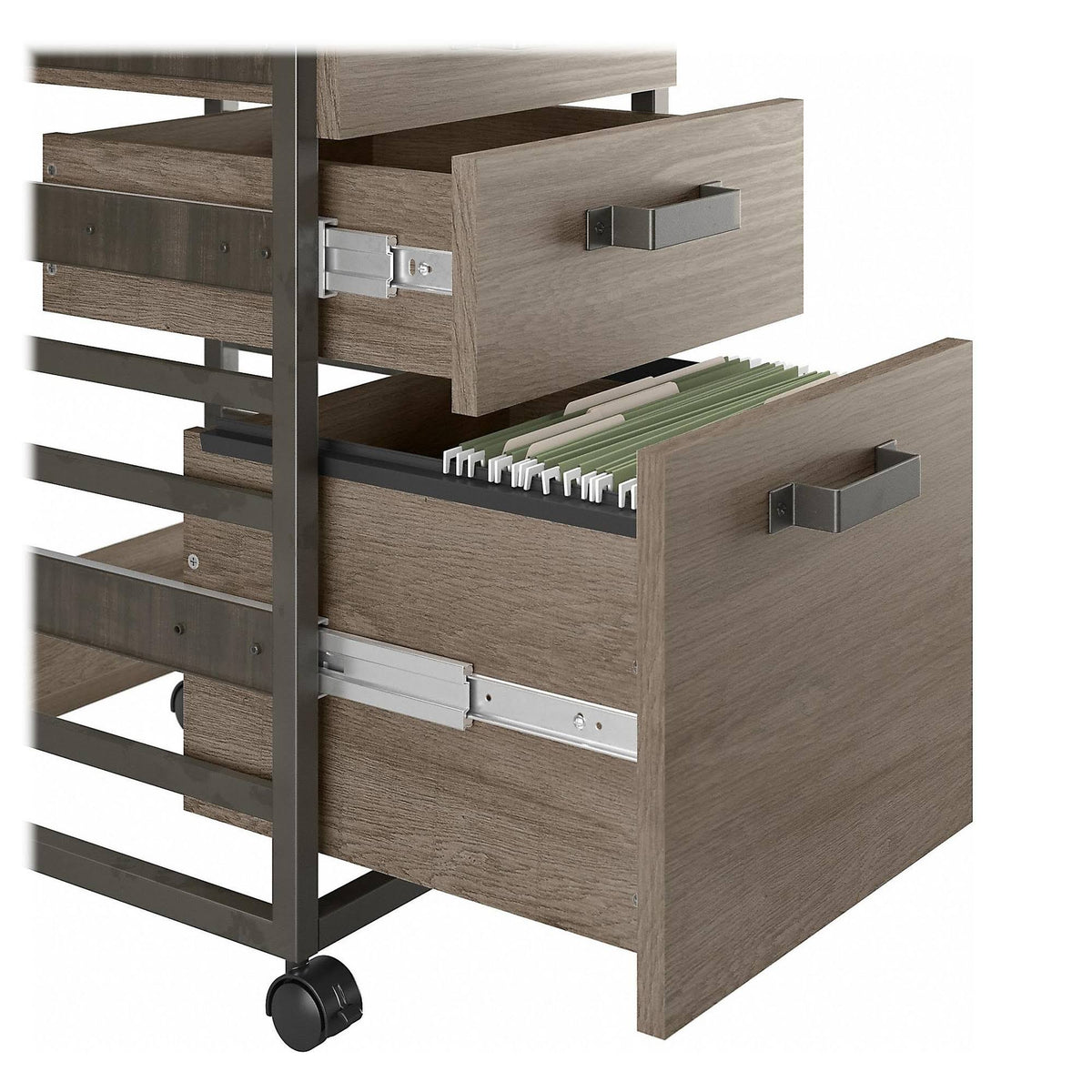 50W L Shaped Industrial Desk with 3 Drawer File Cabinet, Gray T570