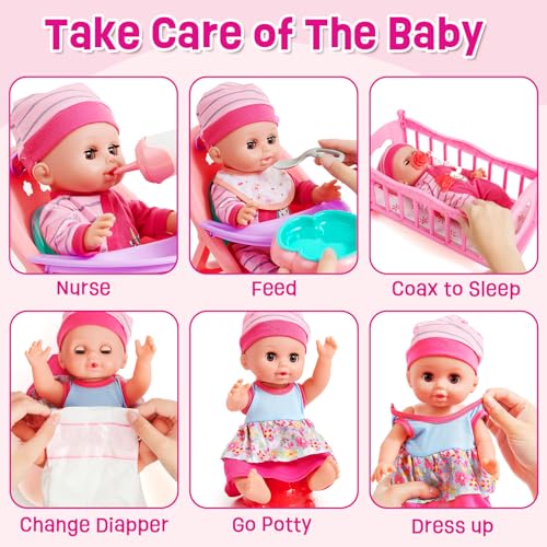 12in Baby Doll Crib and High Chair Set with 20pcs Accessories B101803