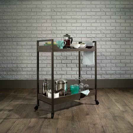 Smoked Oak Finish Rolling 2-Shelf Bar Cart B8291
