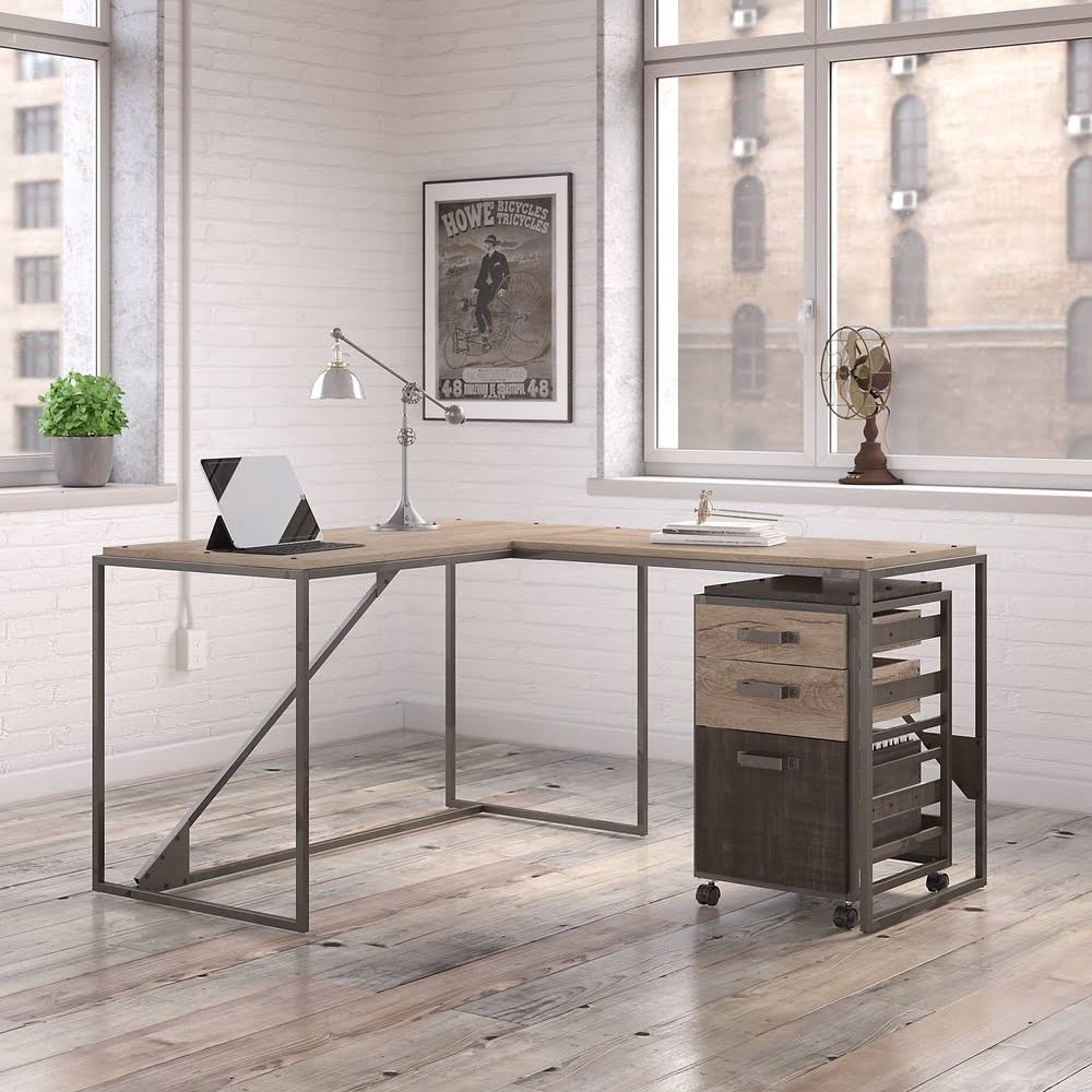 50W L Shaped Industrial Desk with 3 Drawer File Cabinet, Gray T570