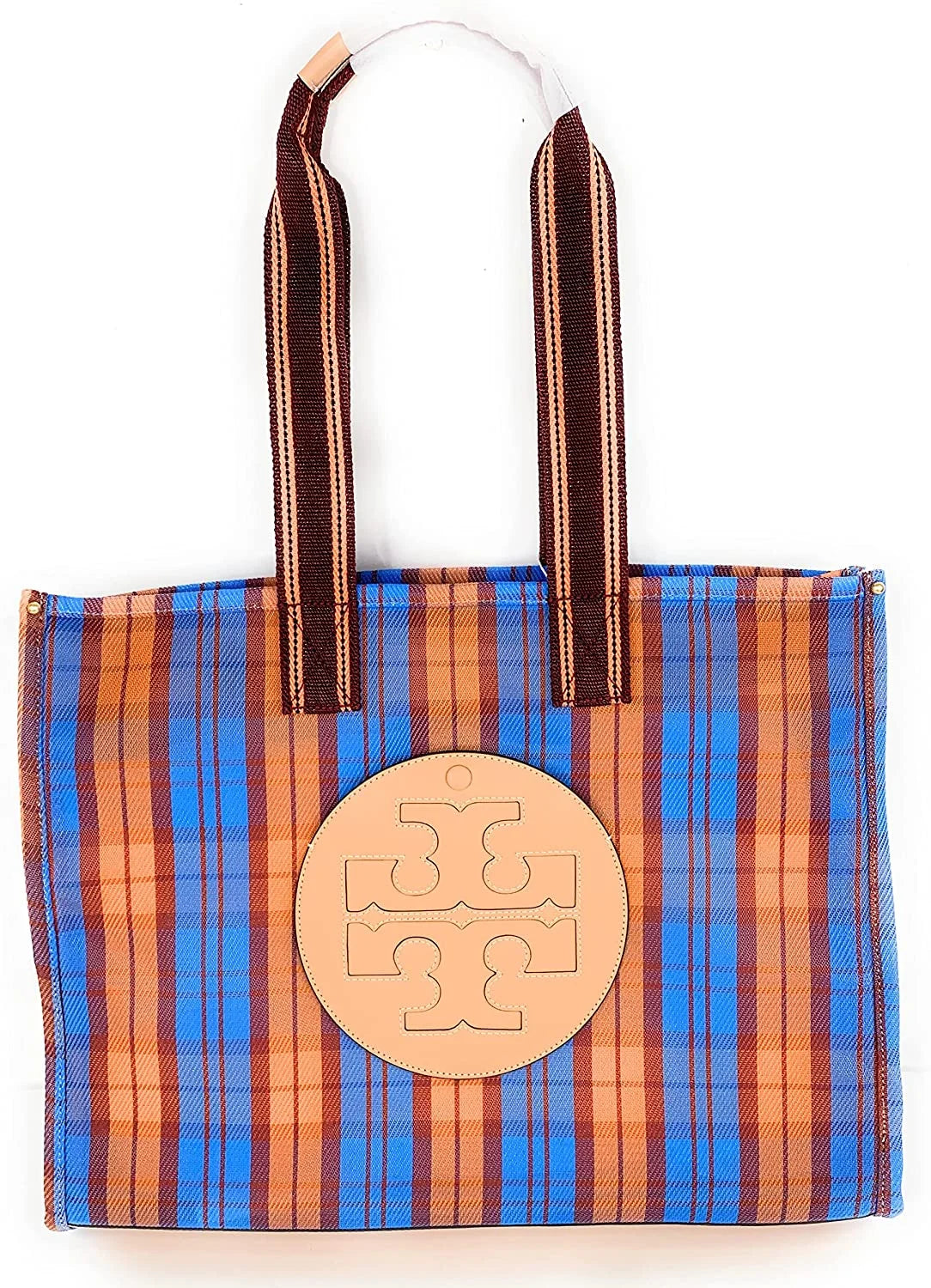 Large Mesh Tote Handbag Blue Orange Plaid R84828