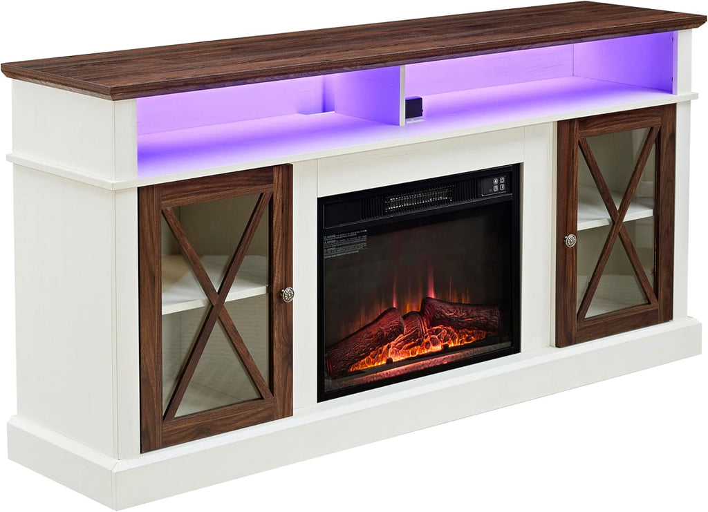 White TV Stand with Glass Barn Door and Adjustable Storage Shelves W32177