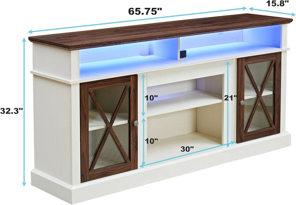 White TV Stand with Glass Barn Door and Adjustable Storage Shelves W32177