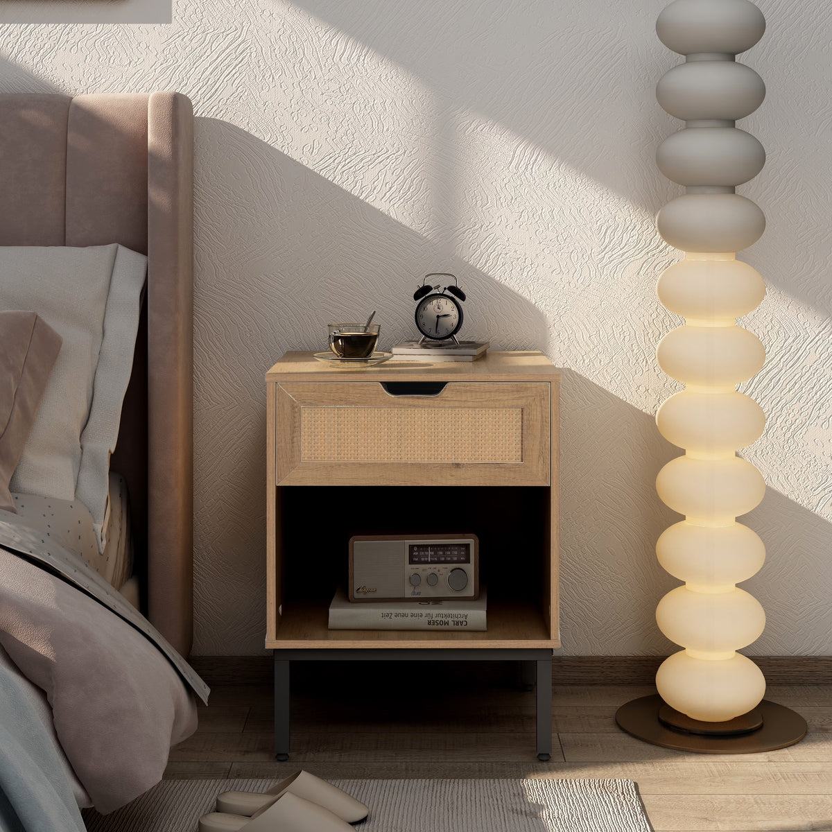 Natural Nightstand with Rattan Door and Open Storage S510