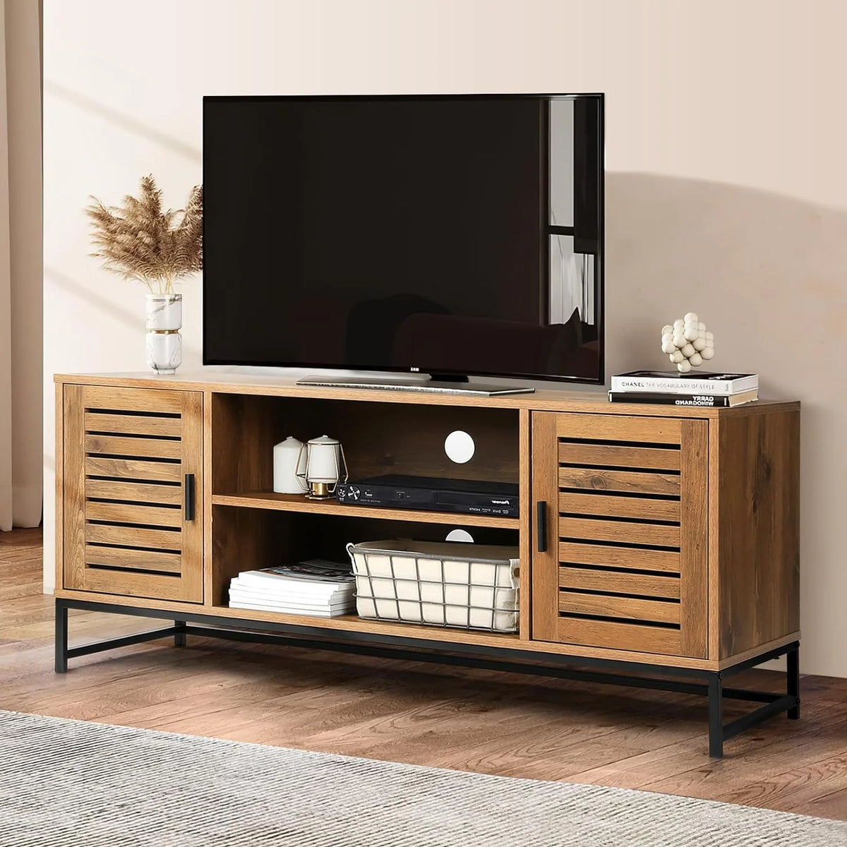 Mid-Century TV Console up to 55 Inch with Slatted Wood Doors N633693