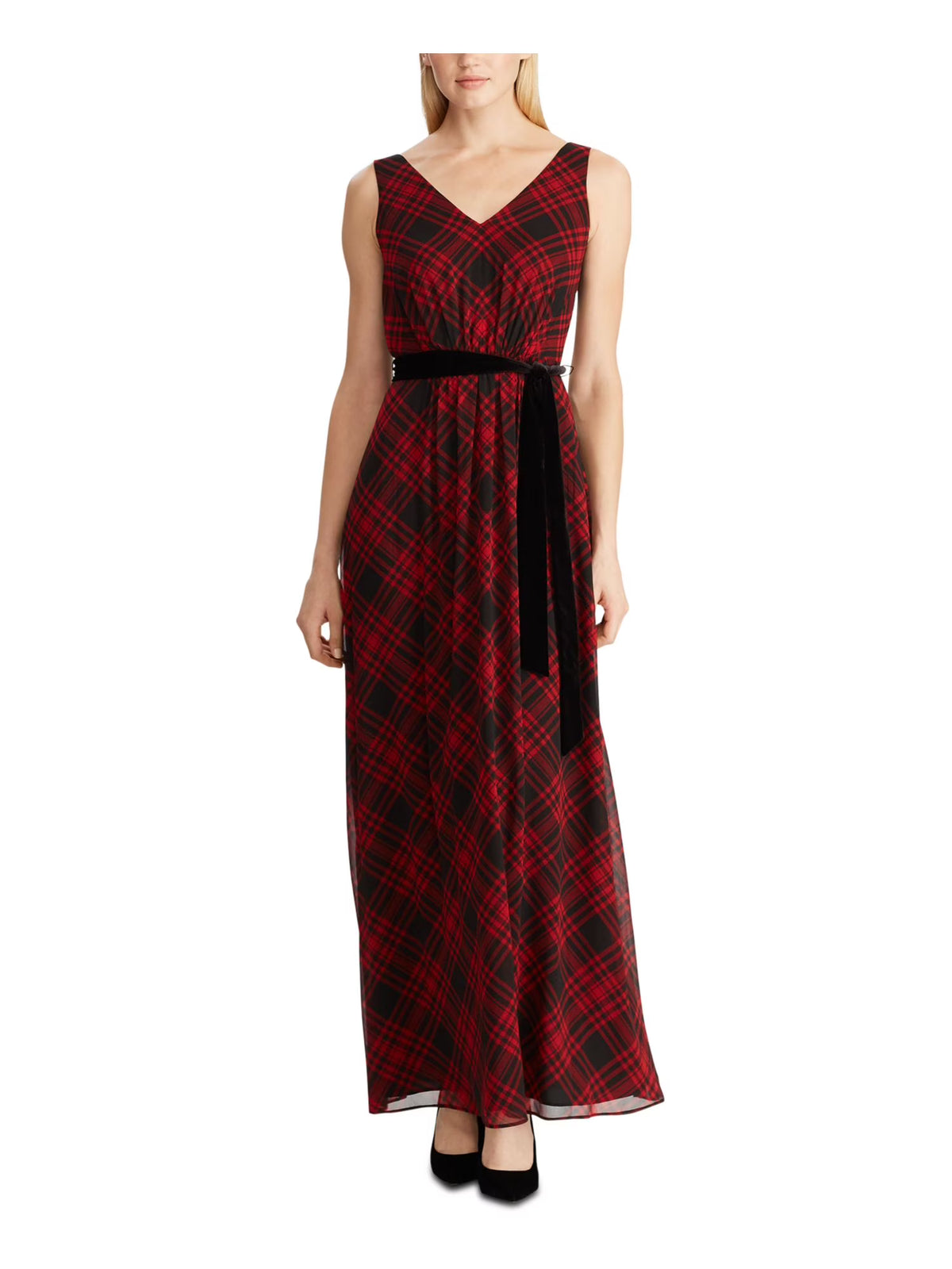 Black Plaid Sleeveless V Neck Maxi Sheath Dress C5642