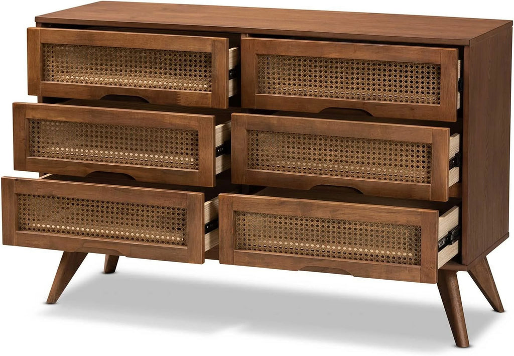 Walnut Brown Wood and Synthetic Rattan 6-Drawer Dresser C2345