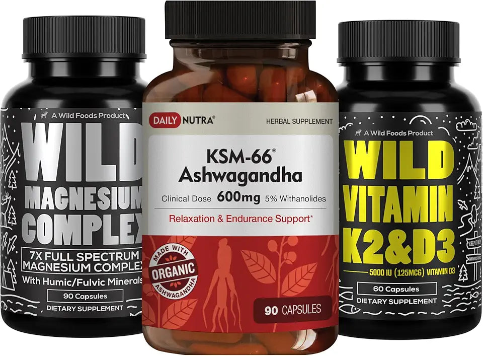 Ashwagandha 90 Capsules, Magnesium Complex 90 Capsules, Vitamin D3K2 60 Capsules H610446