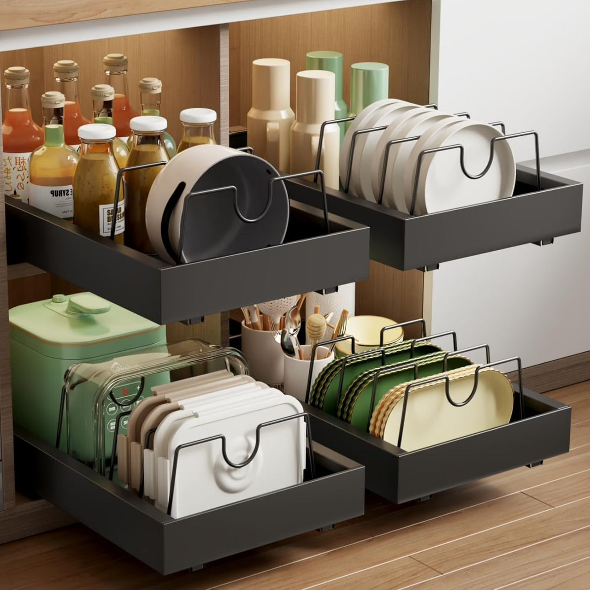 2 Pack Black 21.8 Deep Pull Out Cabinet Organizer with 8 Dividers S246