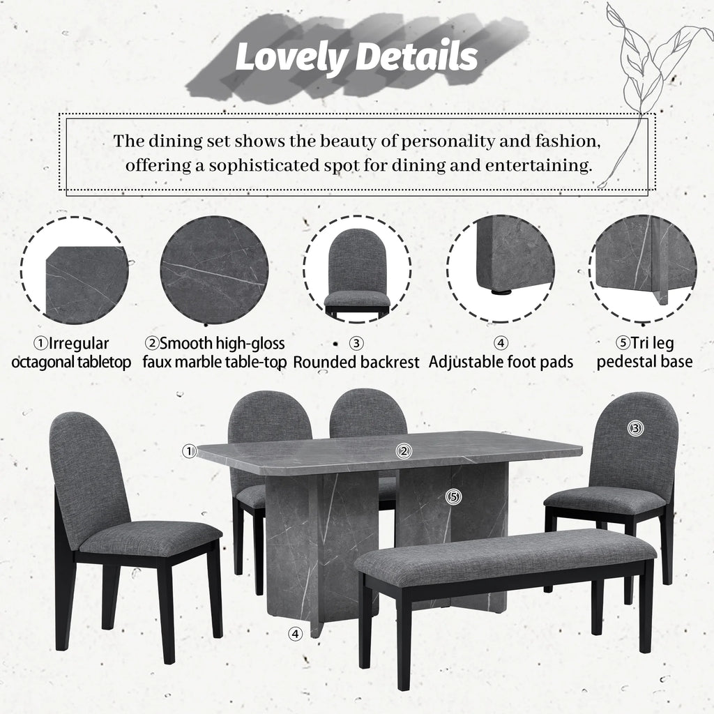 6-Piece Faux Marble Dining Set with 4 Chairs and 1 Bench W983