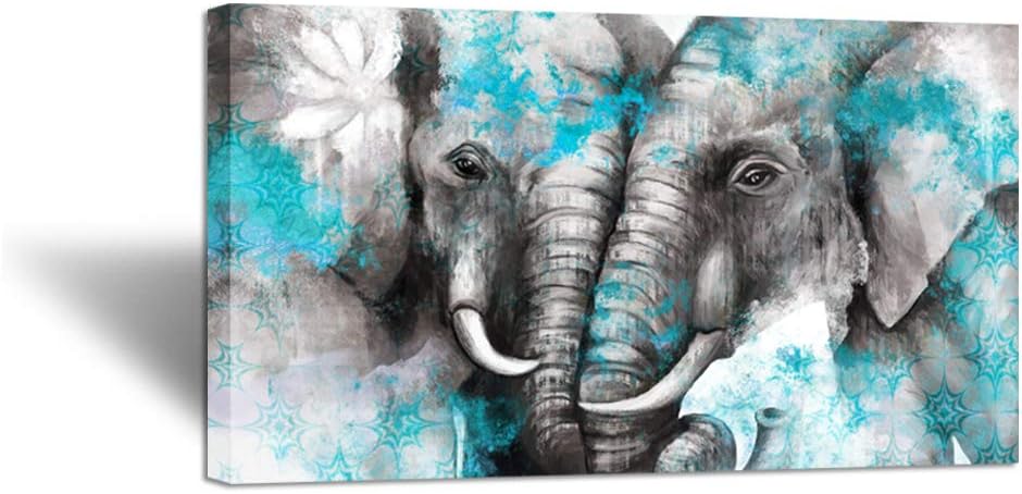 Large Animal Canvas Wall Art Elephant Couple in Love Boho Decor Mandala Elephant Grey and Teal Artwork Stretched and Framed Ready to Hang 20x36inch W54941