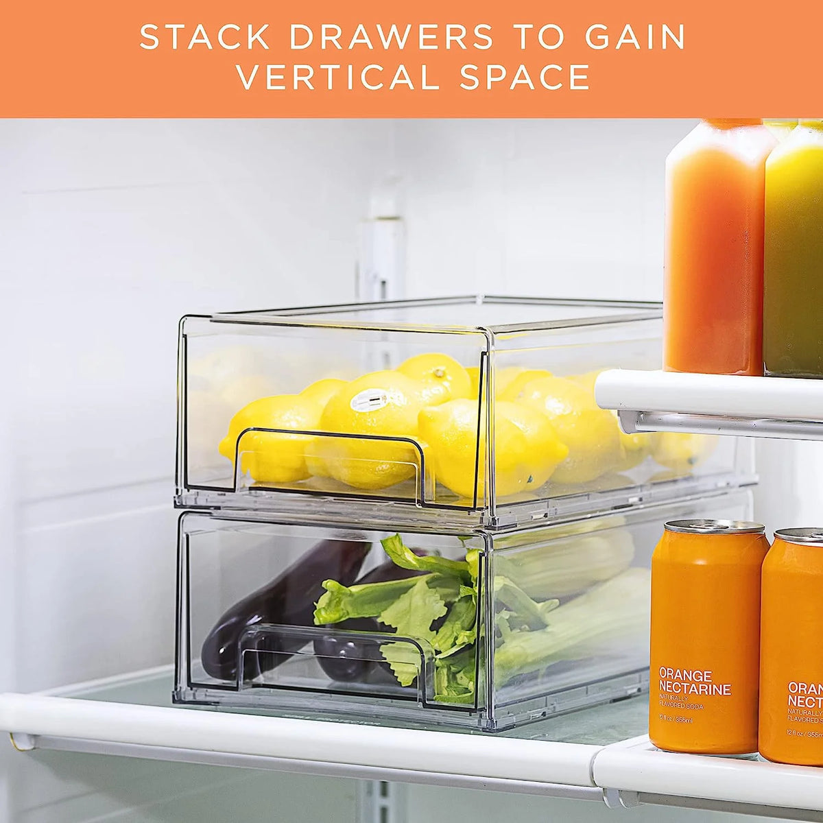 Clear Stackable Fridge Drawer Bins, 2 Pack Medium G54632
