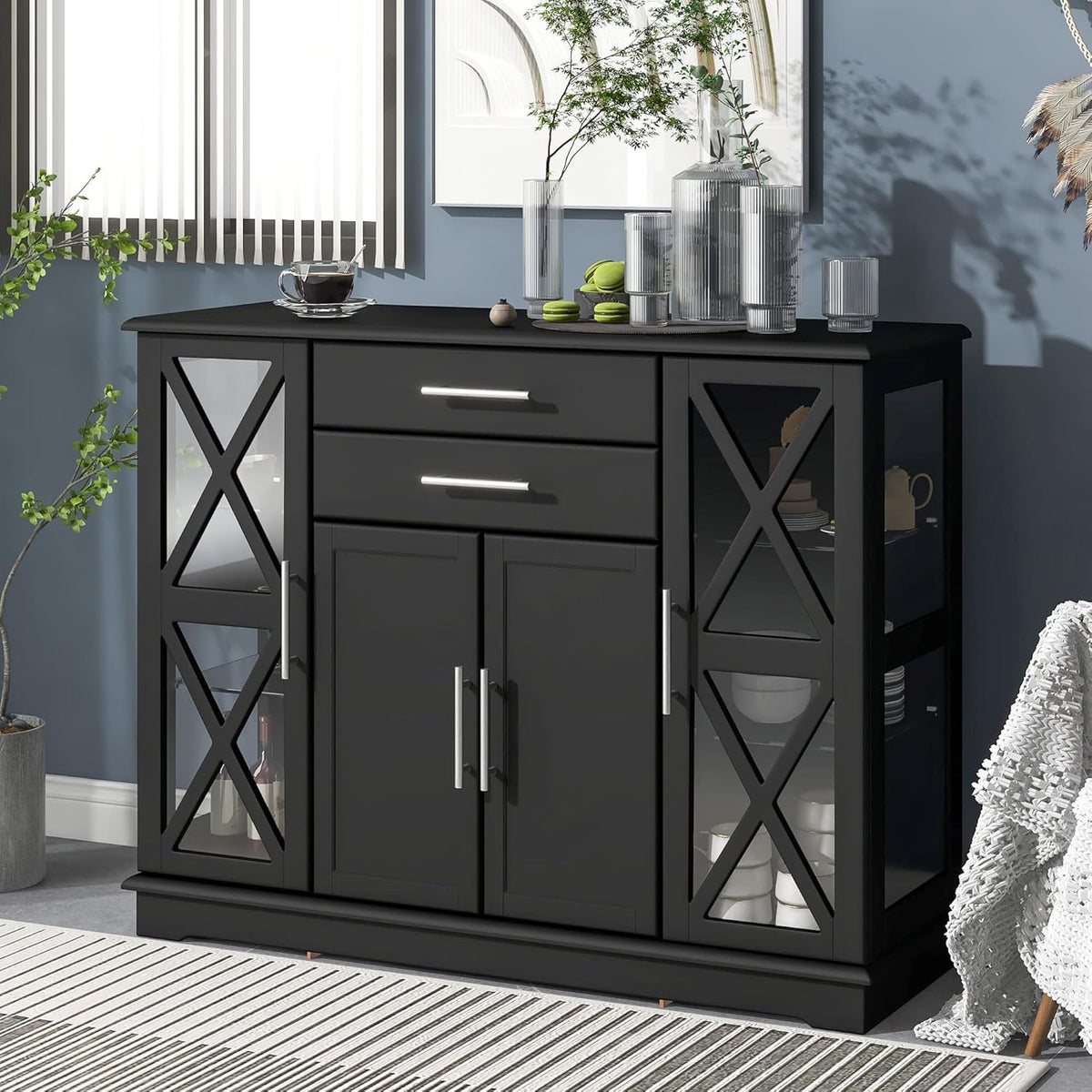 Black Wood Glass Sideboard Buffet Server with 2 Drawers and 3 Cabinets F7758