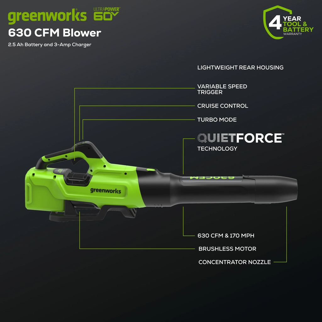 60V 630 CFM 170 MPH Leaf Blower with 2.5 Ah Battery & 3 Amp Charger Z21564