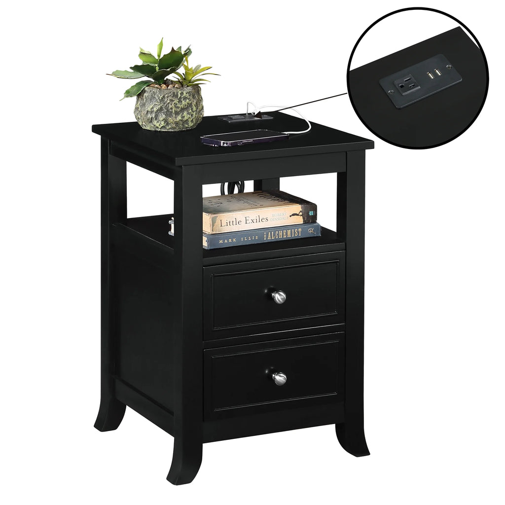 Black Two-Drawer End Table with Charging Station and Shelf M70795