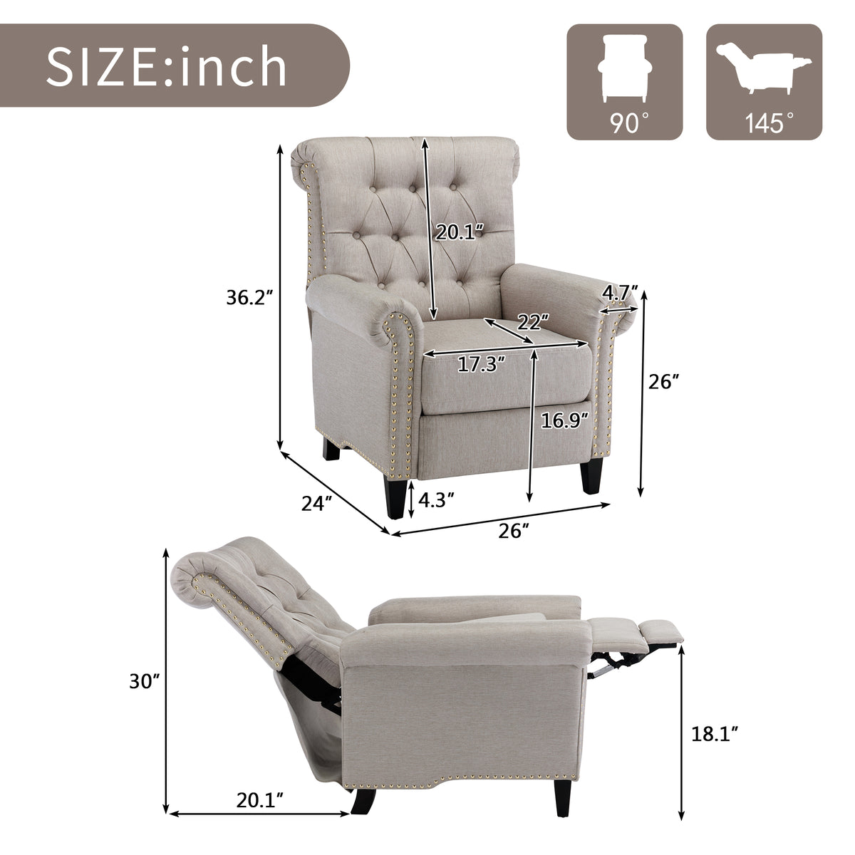 Tan Linen Tufted Recliner Single Sofa W501