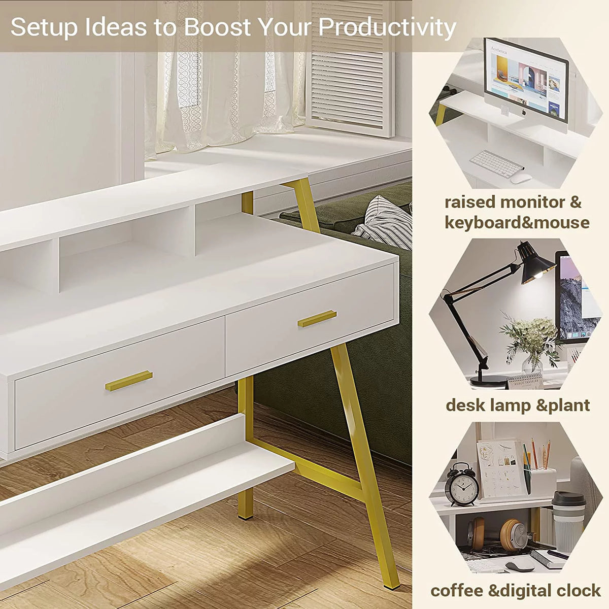 White and Gold Computer Desk with Drawers R232794