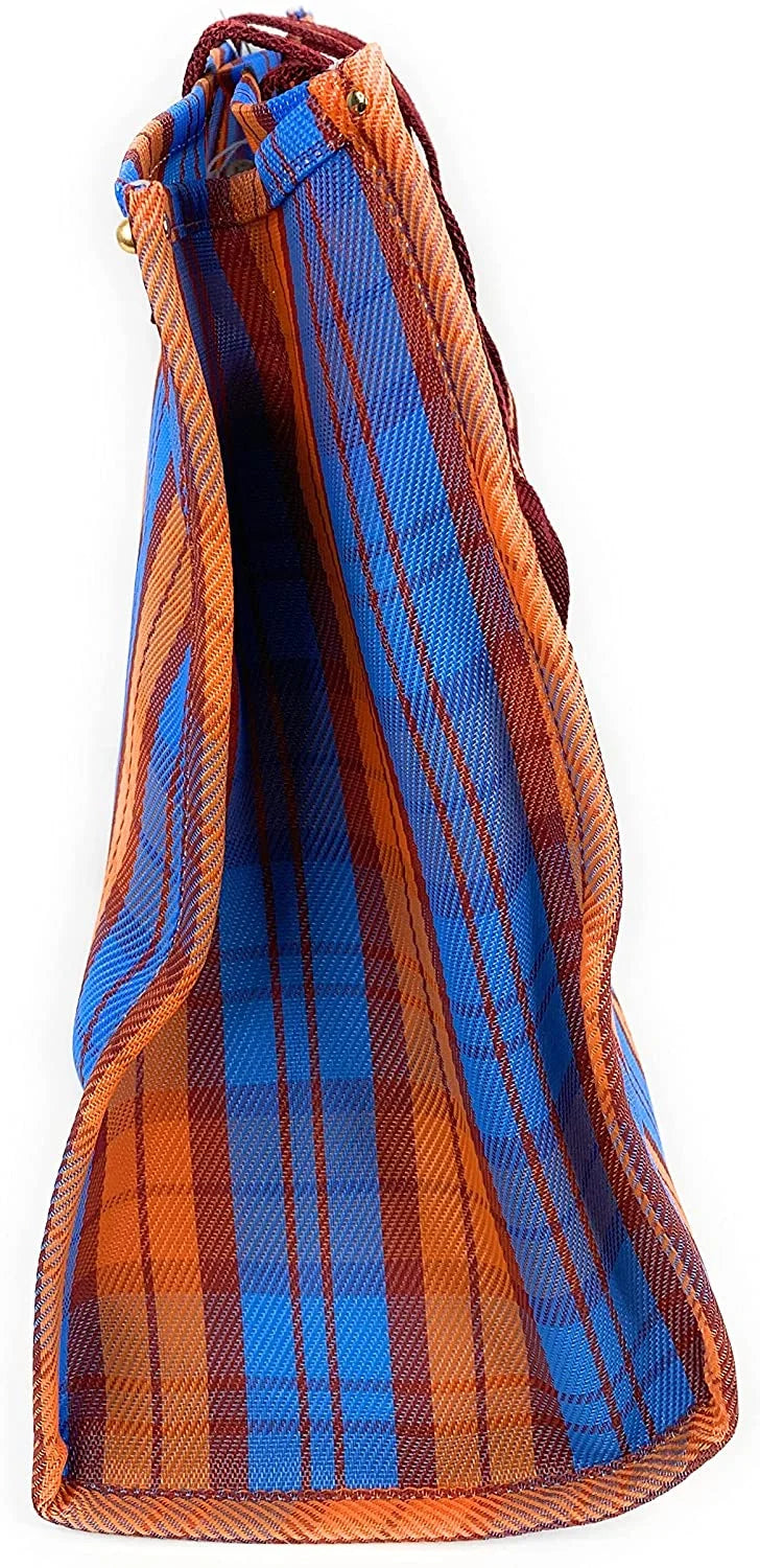 Large Mesh Tote Handbag Blue Orange Plaid R84828