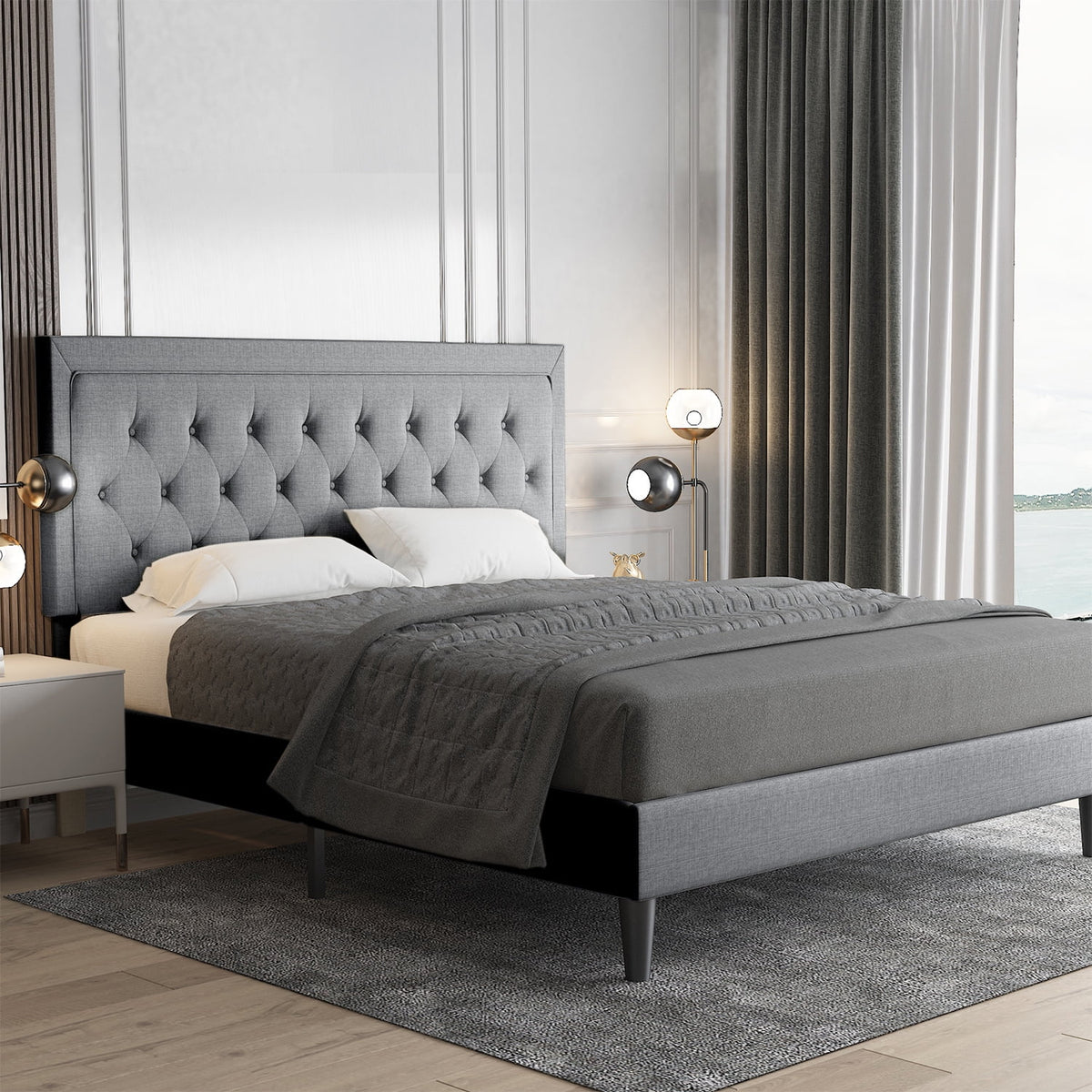 Queen Size Upholstered Platform Bed with Adjustable Headboard A77440