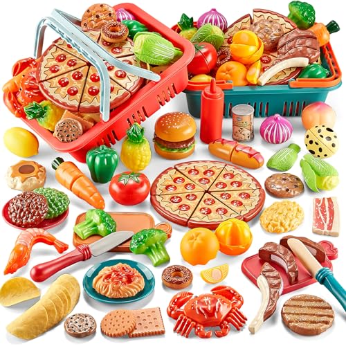 80PC Pretend Food with 2 Kids Picnic Basket, Plastic Food Cutting Toys S2701