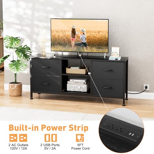 Black Wood Veins TV Stand with 4 Fabric Drawers Q791006