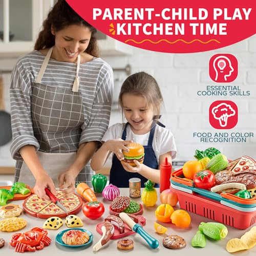 80PC Pretend Food with 2 Kids Picnic Basket, Plastic Food Cutting Toys S2701