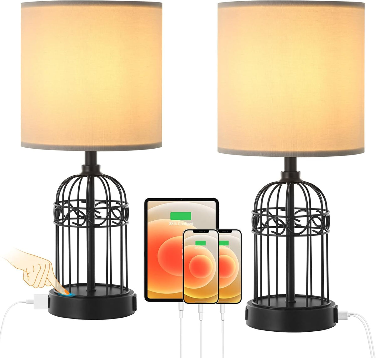 Black Cage Table Lamp Set of 2 with USB Ports and Outlets, 3-Way Dimmable, Bulbs Included O742144