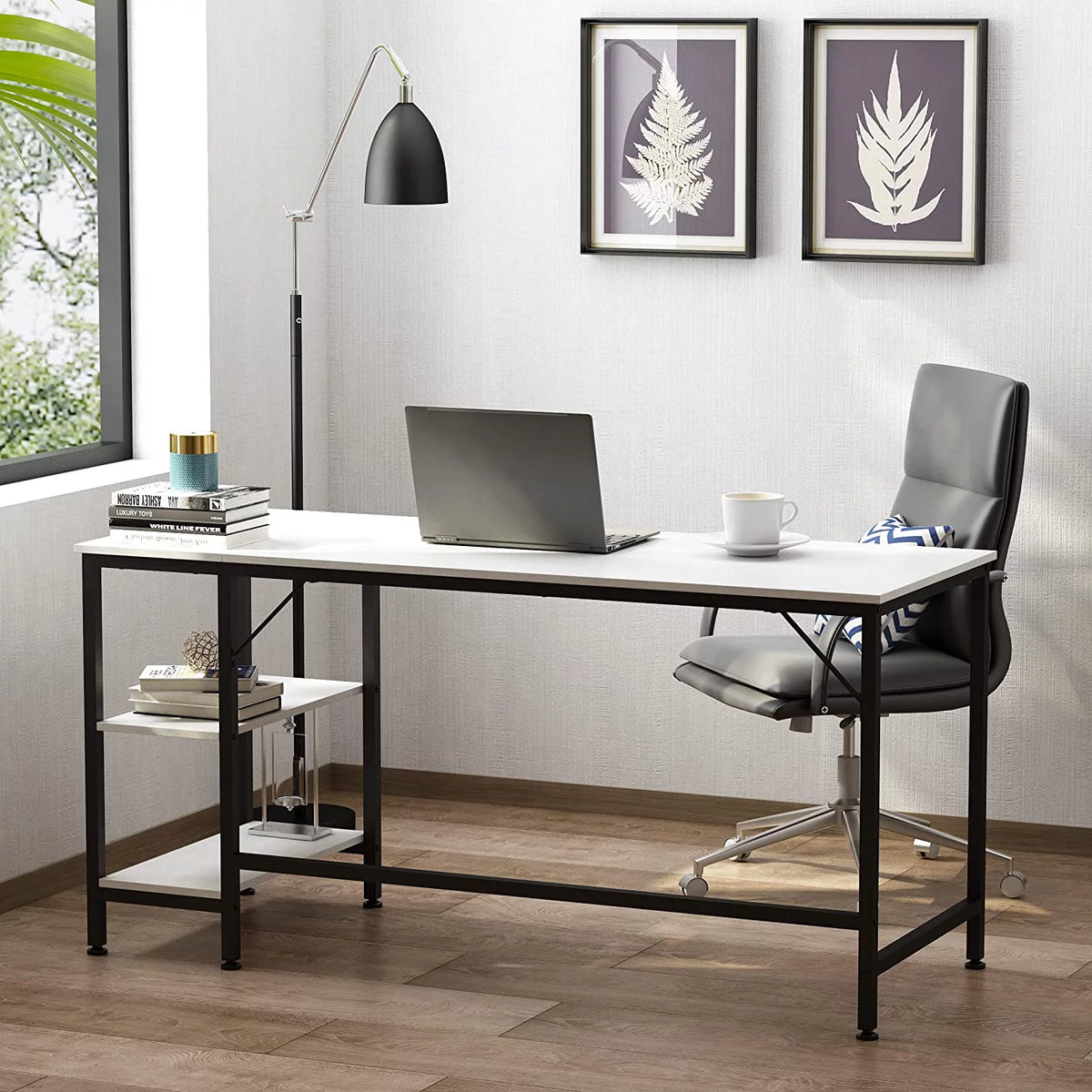 Small Home Office Computer Desk with Wooden Storage Shelf B326