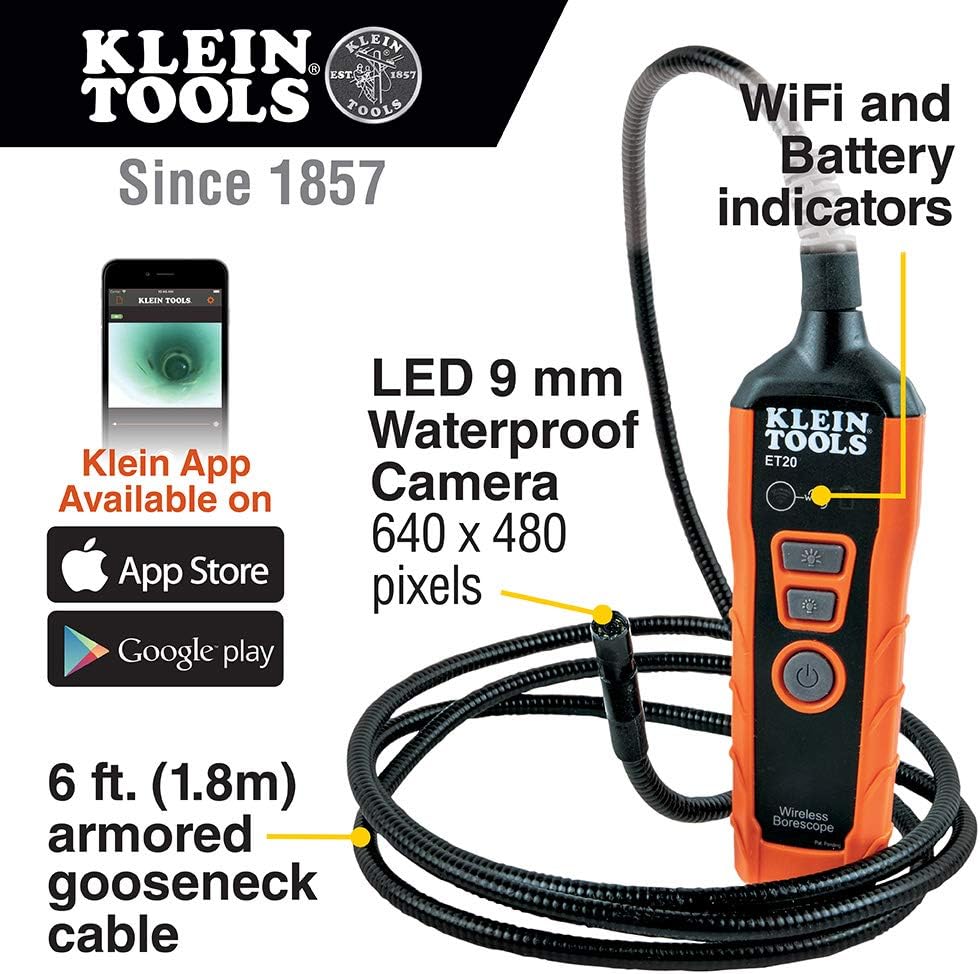 WiFi Borescope Inspection Camera with Rechargeable Lithium-Ion Battery and LED Lights H608574