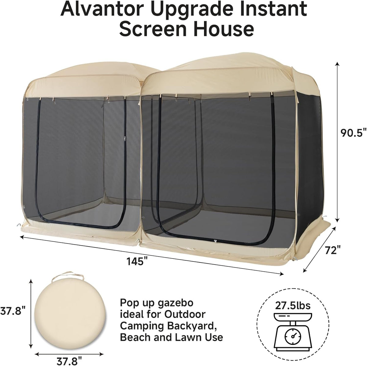 Beige 12' x 7.5' Pop Up Screen Tent Gazebo with Mesh Mosquito Netting N3500
