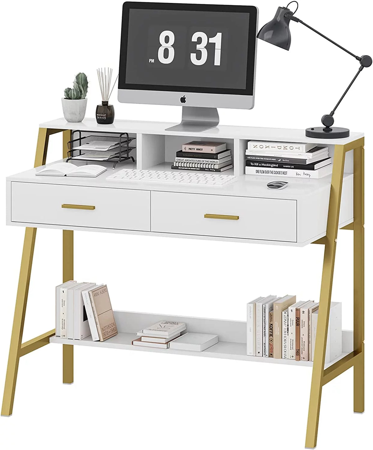White and Gold Computer Desk with Drawers R232794