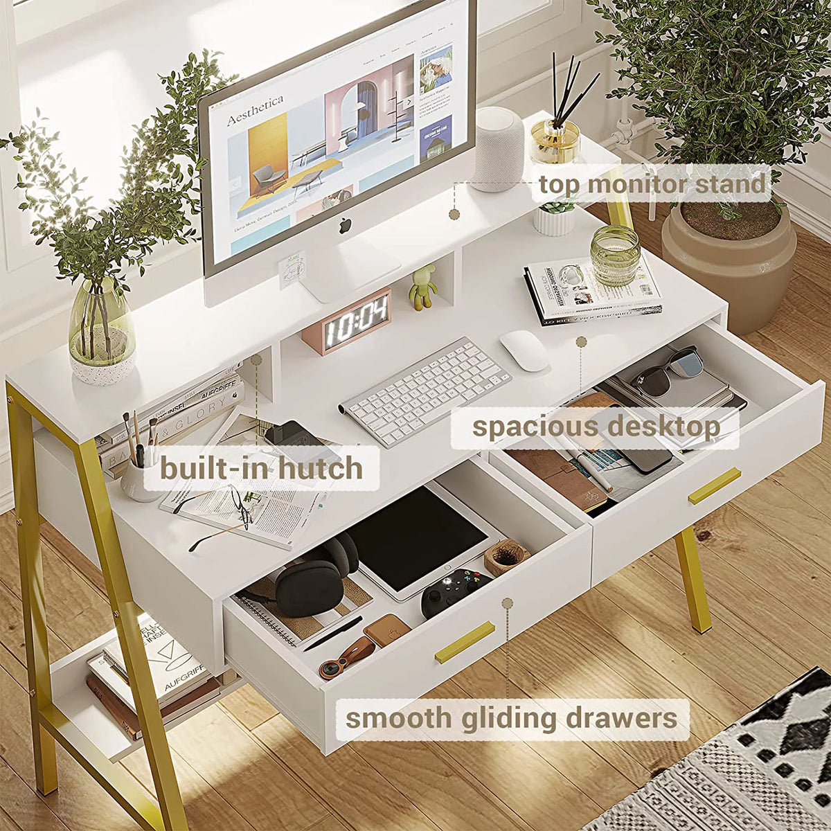 White and Gold Computer Desk with Drawers R232794