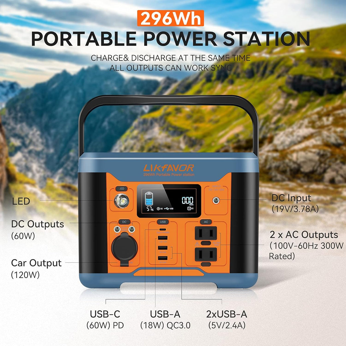 Portable Power Station 300W 296Wh Pure Sine Wave AC Outlet K27325