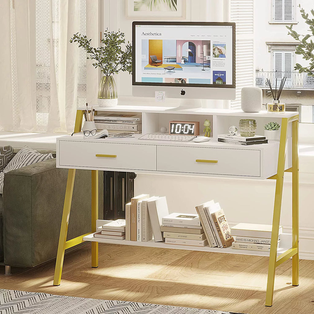 White and Gold Computer Desk with Drawers R232794