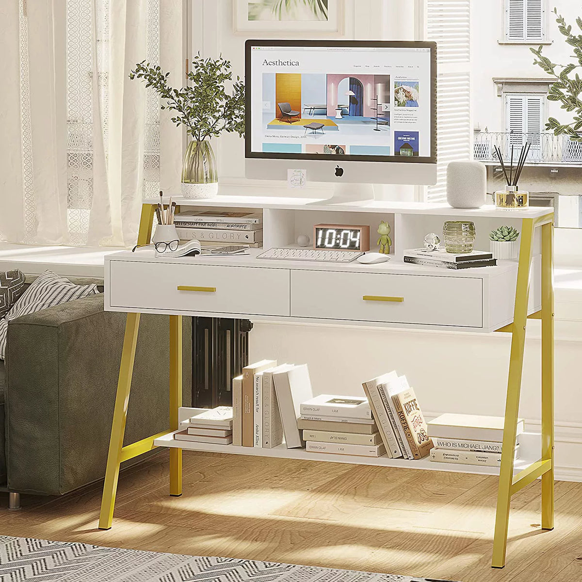 White and Gold Computer Desk with Drawers R232794