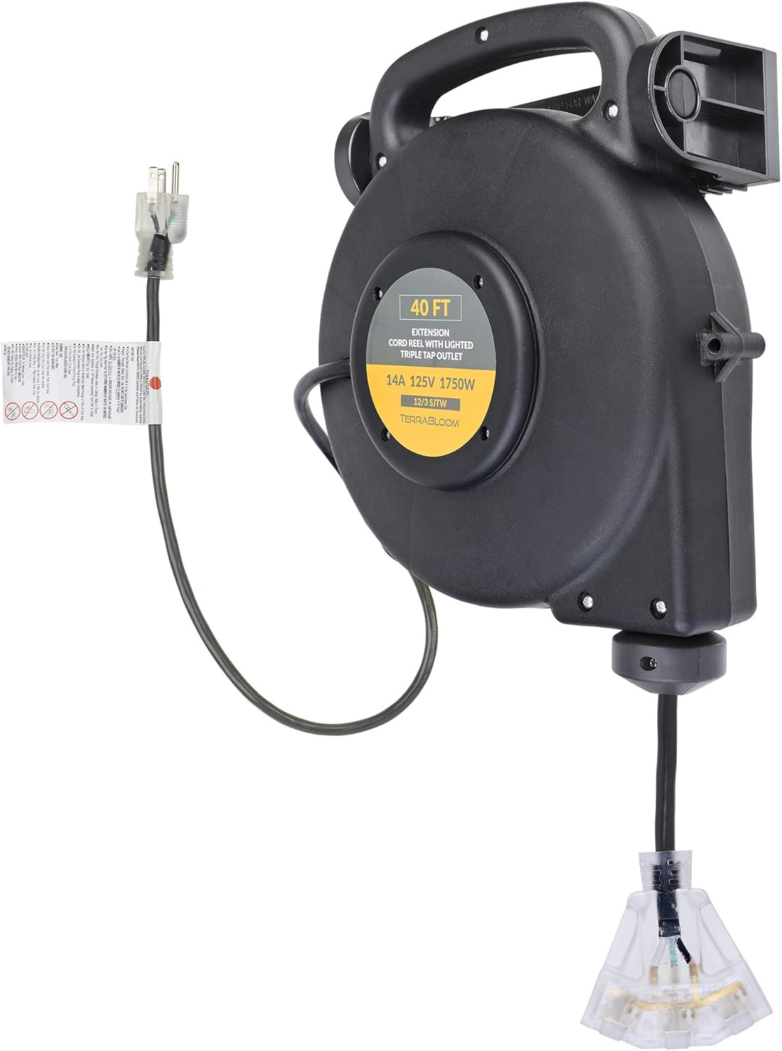 45 Ft Retractable Extension Cord Reel with 3 Electrical Outlets Heavy Duty Yellow Case Black Cable V420