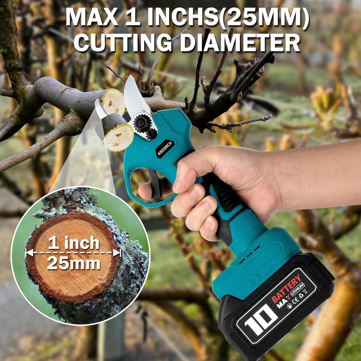 Electric Pruning Shears Cordless with 2 PCS Rechargeable 2.6Ah Lithium Battery and 3 Blades, 25mm Cutting Diameter B46205