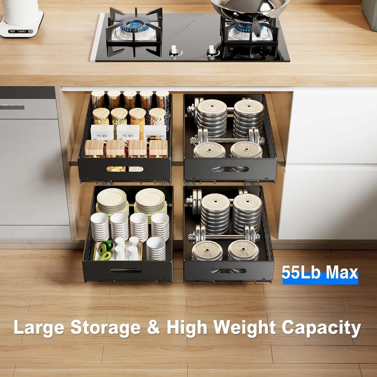2 Pack Black 21.8 Deep Pull Out Cabinet Organizer with 8 Dividers S246