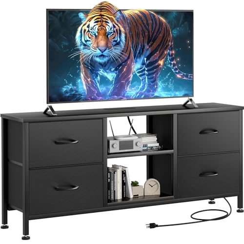 Black Wood Veins TV Stand with 4 Fabric Drawers Q791006