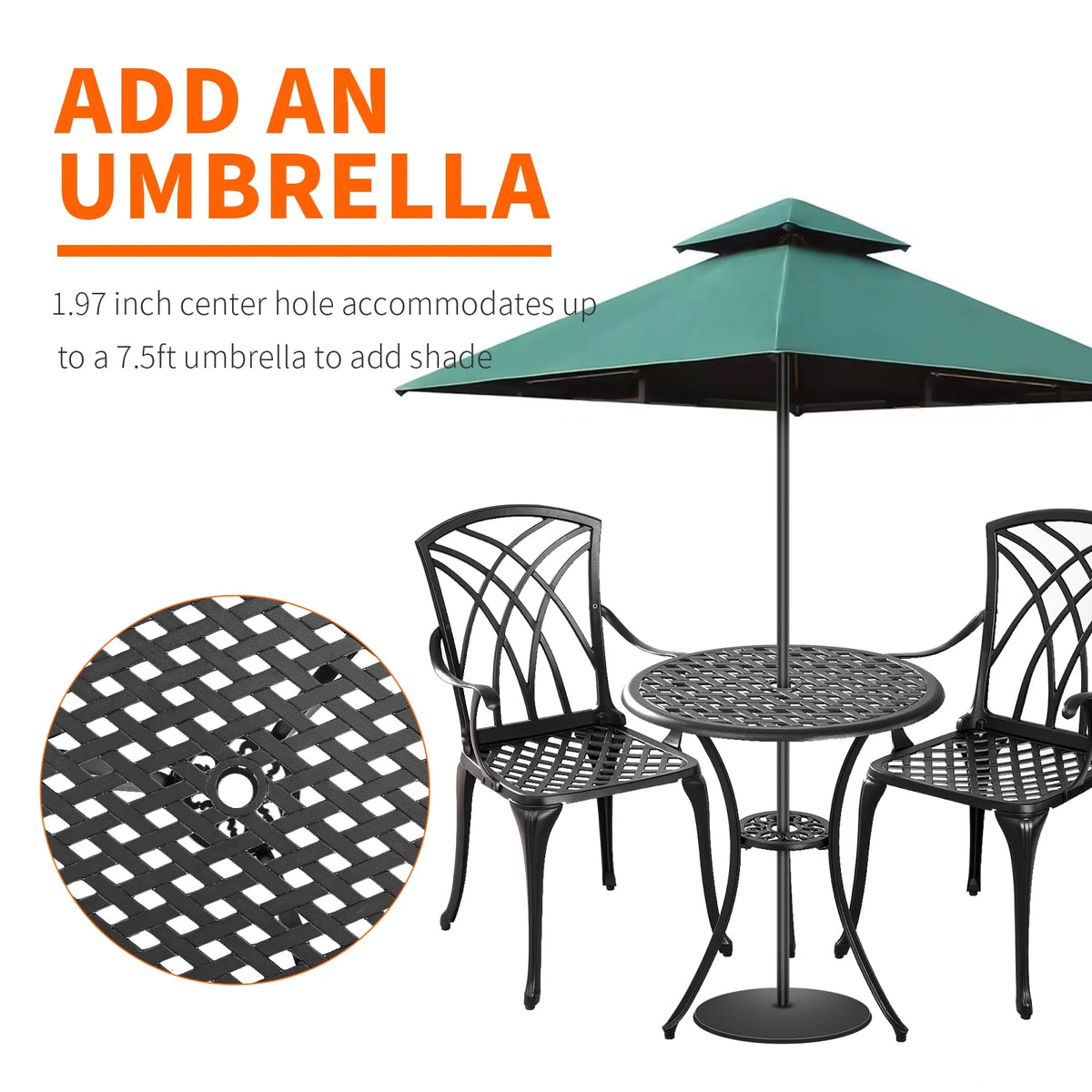 3 Piece Cast Aluminum Patio Bistro Set with Umbrella Hole Y53990