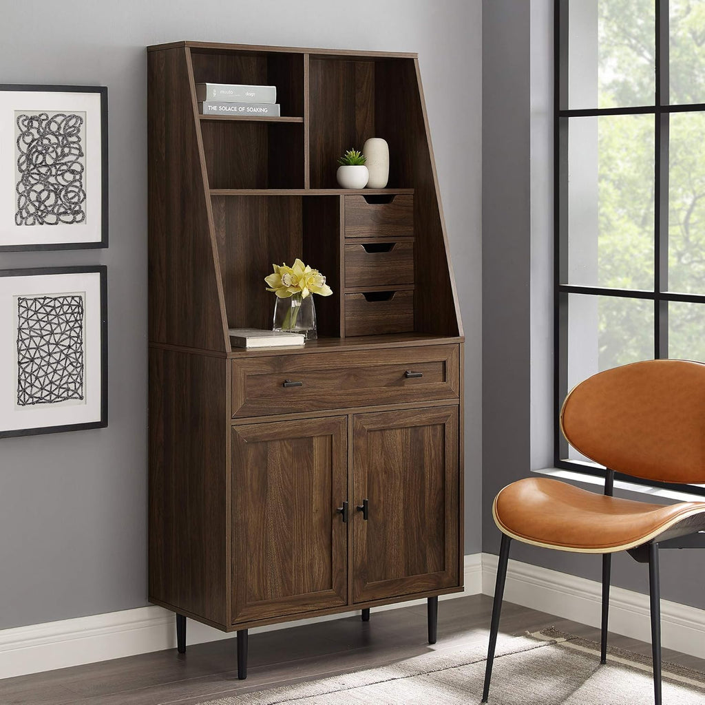 64 Inch Dark Walnut Wood Secretary Hutch Desk E918396