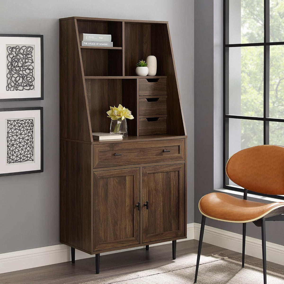 64 Inch Dark Walnut Wood Secretary Hutch Desk E918396