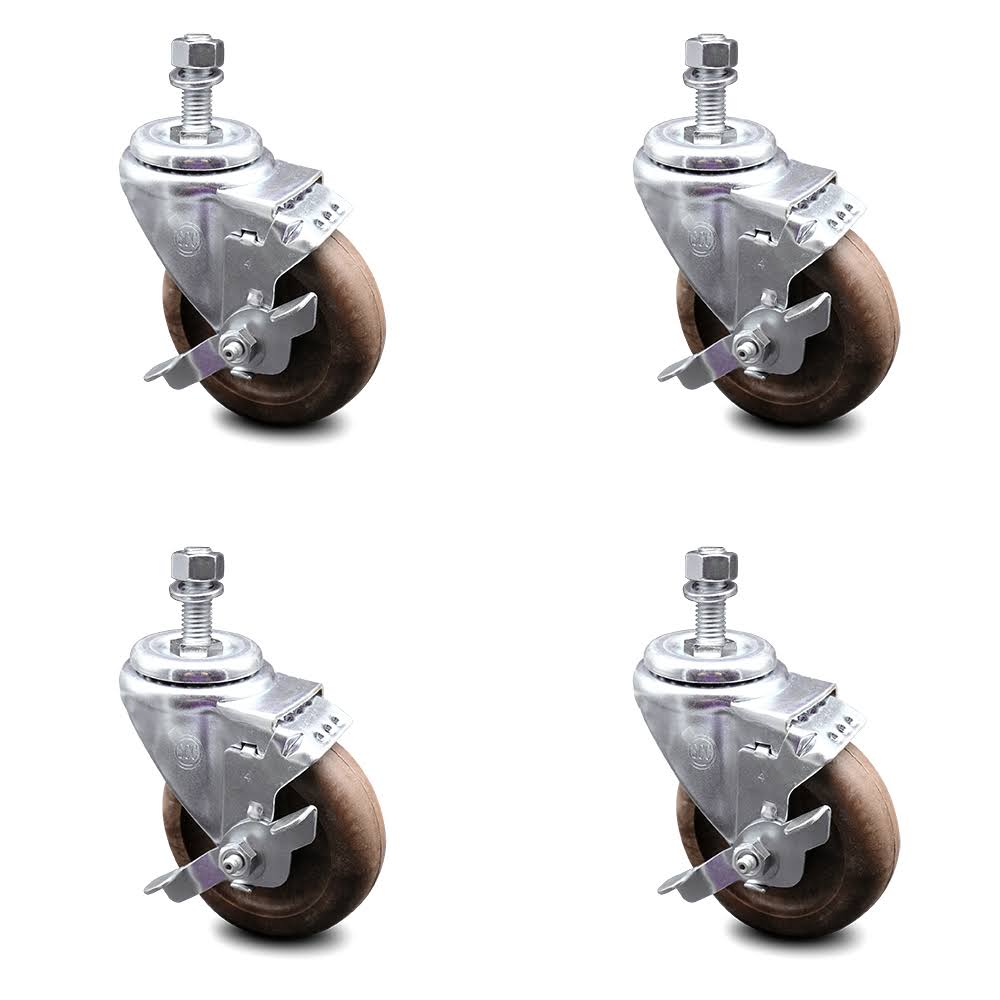 4 inch High Temp Glass Filled Nylon Threaded Stem Caster Set with Brake M461968