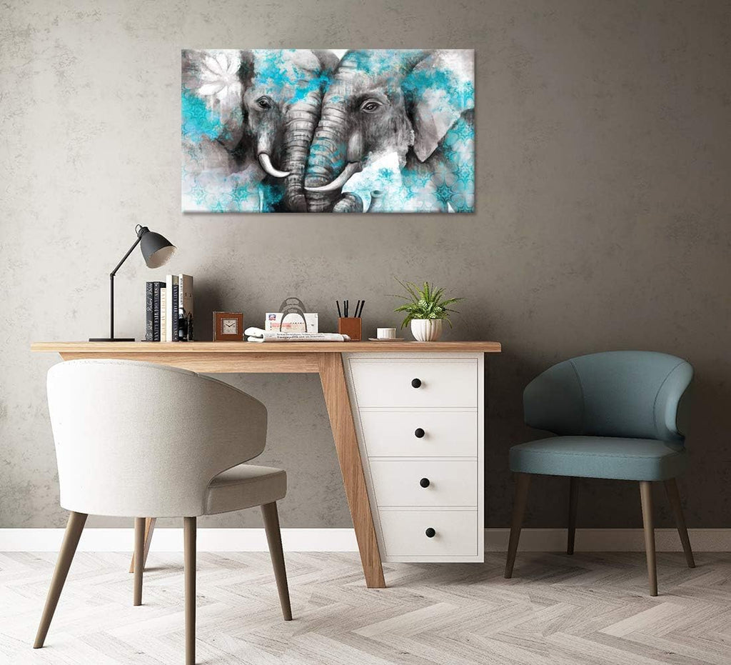 Large Animal Canvas Wall Art Elephant Couple in Love Boho Decor Mandala Elephant Grey and Teal Artwork Stretched and Framed Ready to Hang 20x36inch W54941