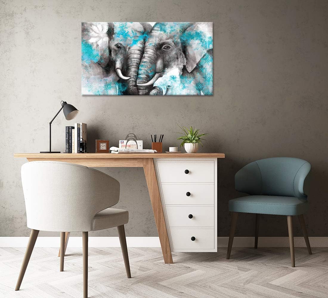 Large Animal Canvas Wall Art Elephant Couple in Love Boho Decor Mandala Elephant Grey and Teal Artwork Stretched and Framed Ready to Hang 20x36inch W54941
