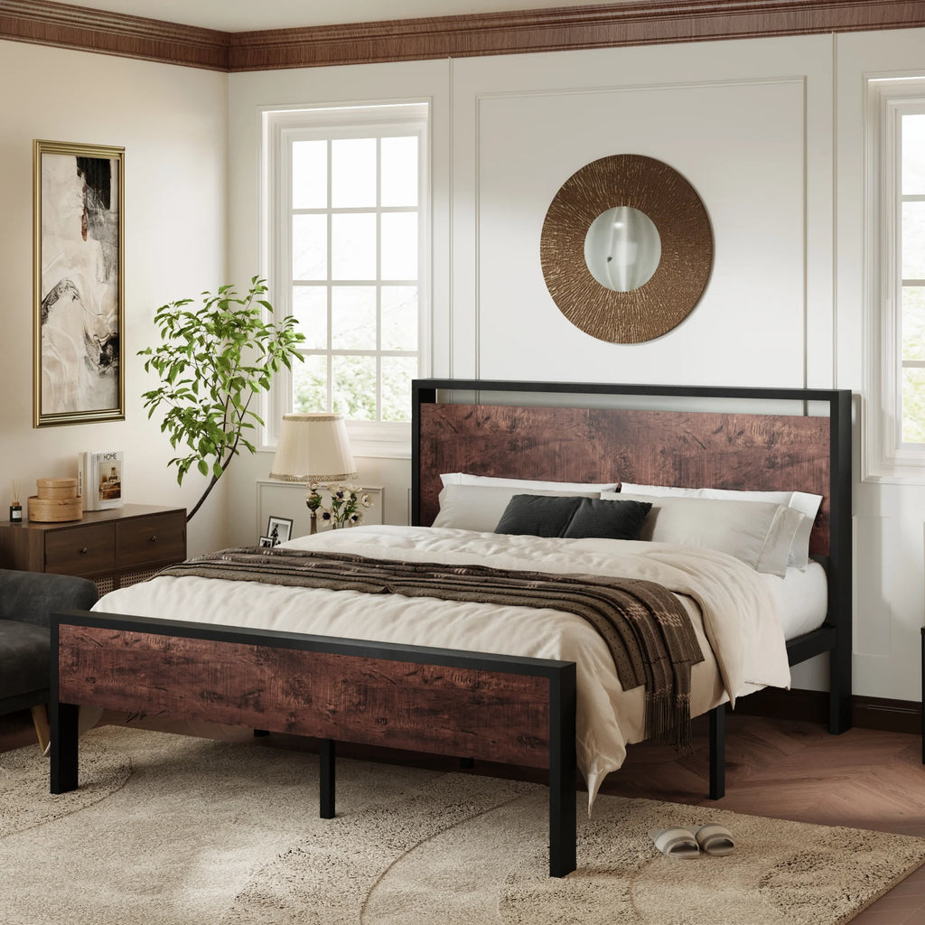 Queen Size Metal Platform Bed Frame with Wood Headboard G1779